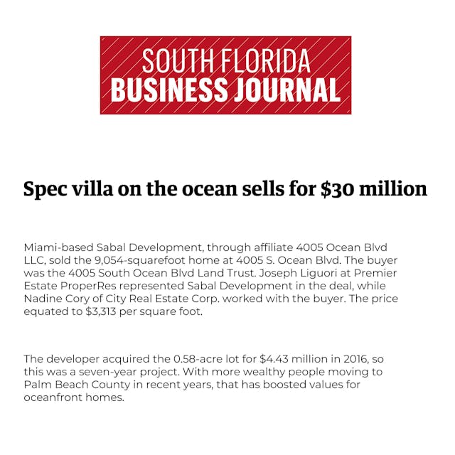 Spec villa on the ocean sells for $30 million
