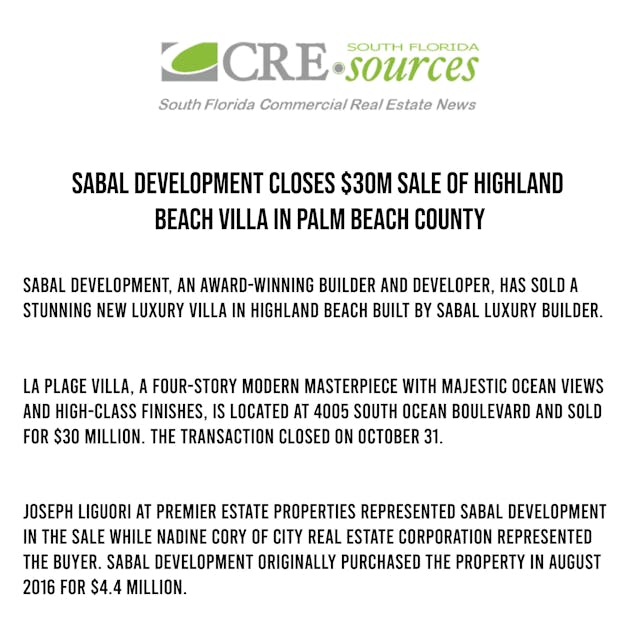 Sabal Development Closes $30M Sale Of Highland Beach Villa In Palm Beach County